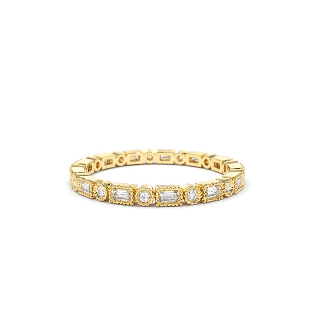 Baguette & Round Diamond Milgrain Bezel Full Eternity Ring in 14K Gold — view 1