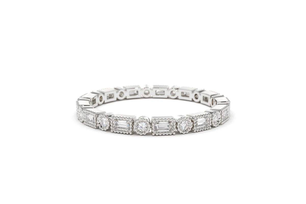 Baguette & Round Diamond Milgrain Bezel Full Eternity Ring in 14K Gold — view 6