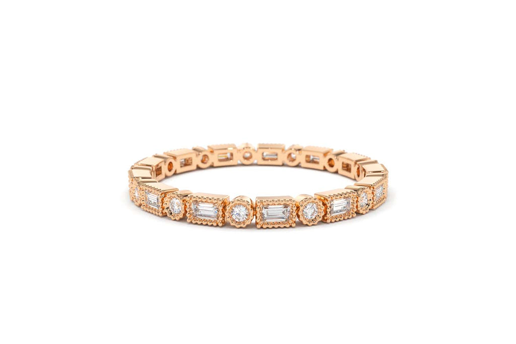 Baguette & Round Diamond Milgrain Bezel Full Eternity Ring in 14K Gold — view 8