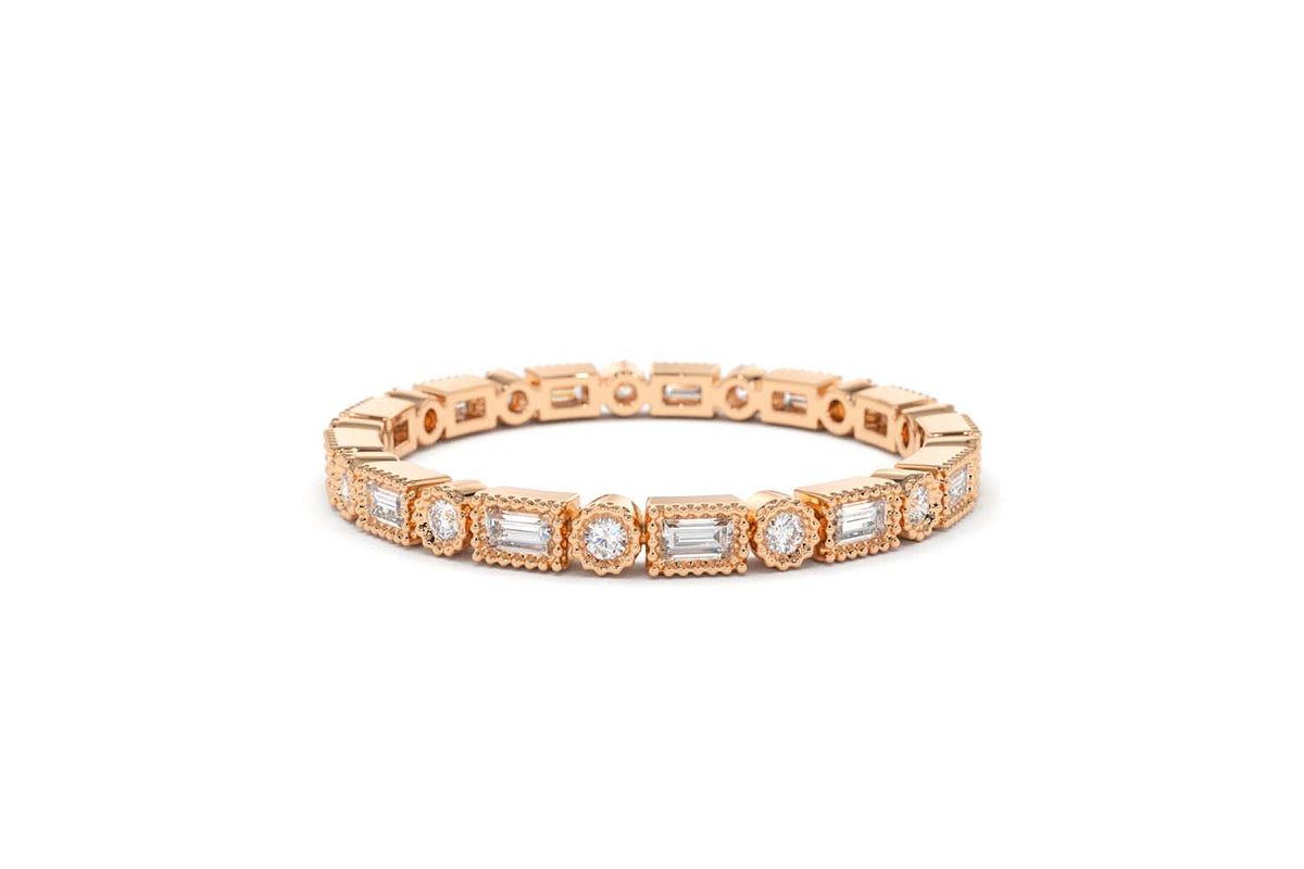 Baguette & Round Diamond Milgrain Bezel Full Eternity Ring in 14K Gold — view 8
