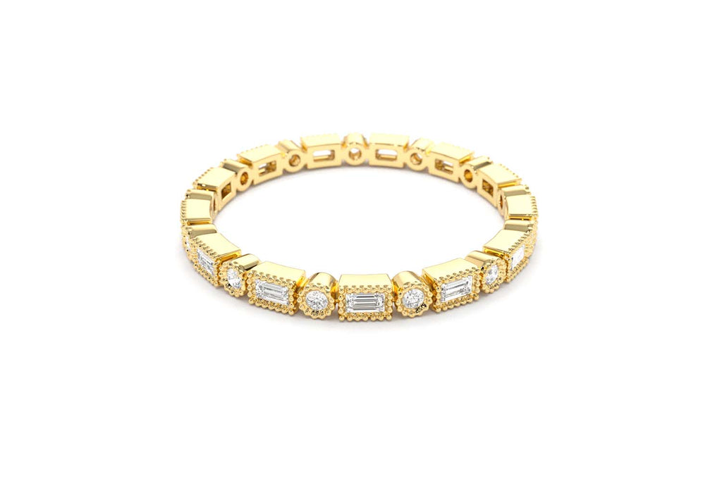 Baguette & Round Diamond Milgrain Bezel Full Eternity Ring in 14K Gold — view 4