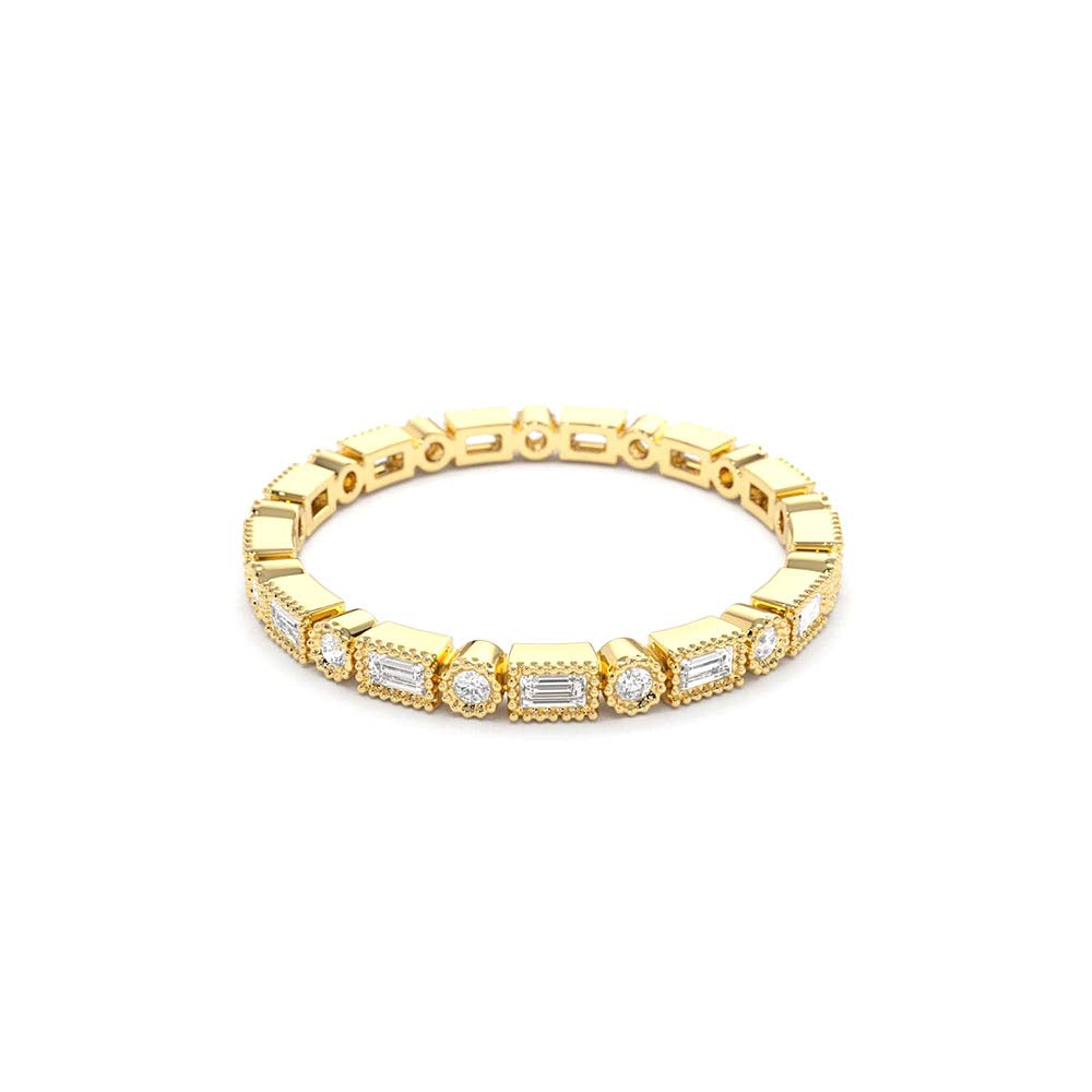Baguette & Round Diamond Milgrain Bezel Full Eternity Ring in 14K Gold — view 2