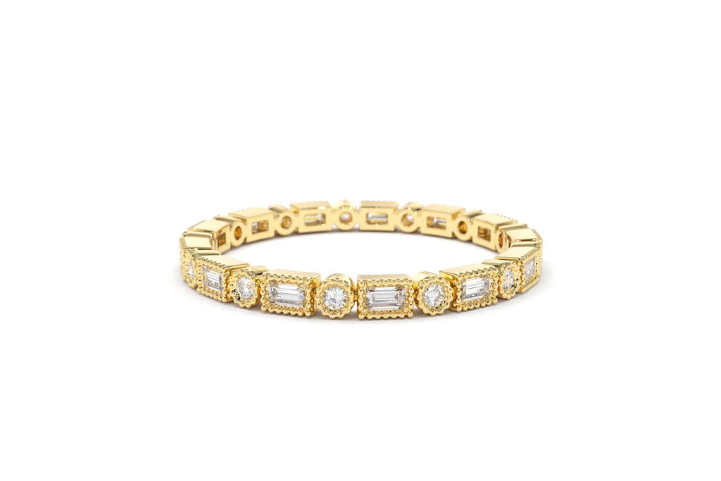 Baguette & Round Diamond Milgrain Bezel Full Eternity Ring in 14K Gold — view 3