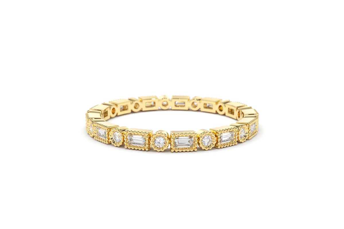 Baguette & Round Diamond Milgrain Bezel Full Eternity Ring in 14K Gold — view 3