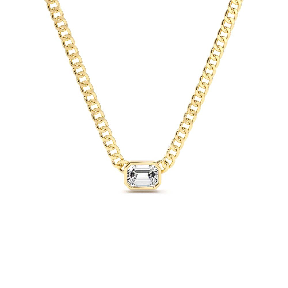 Cuban Link Bezel Setting Emerald Cut Diamond Necklace in 14K Gold — view 1