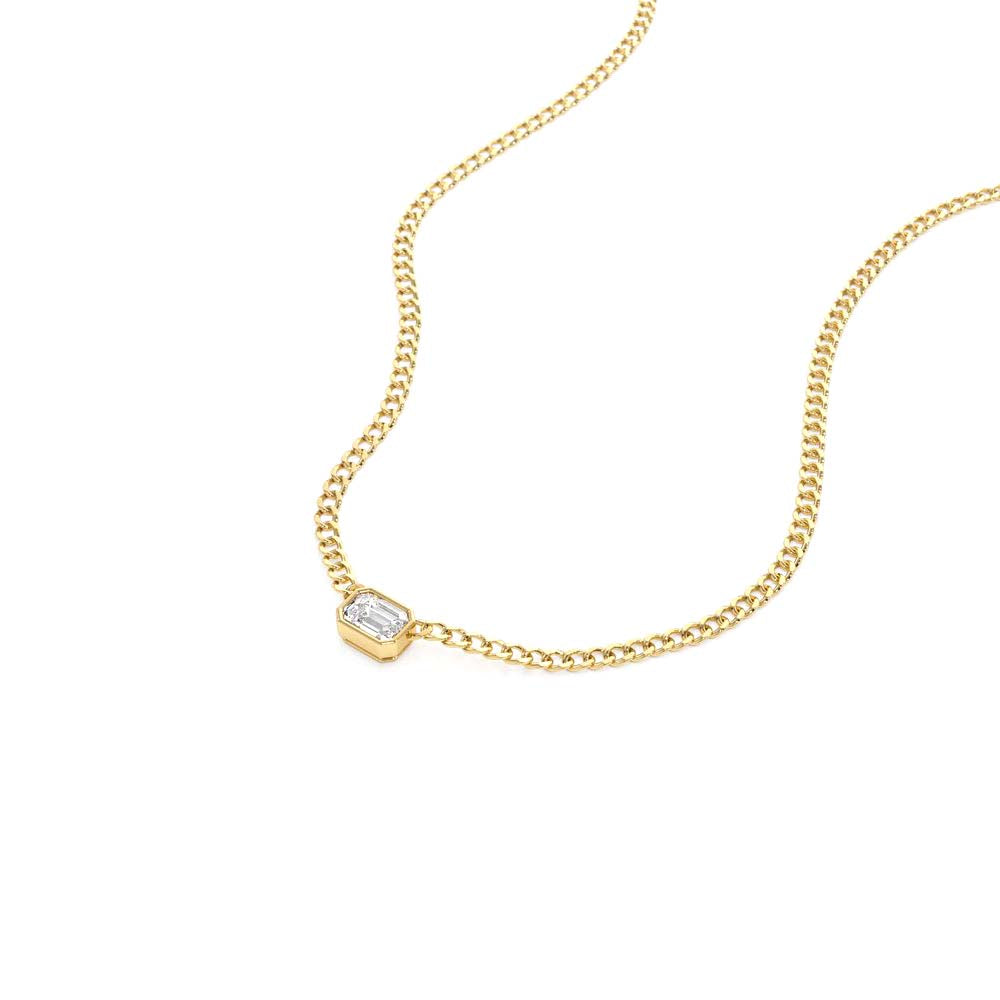 Cuban Link Bezel Setting Emerald Cut Diamond Necklace in 14K Gold — view 2