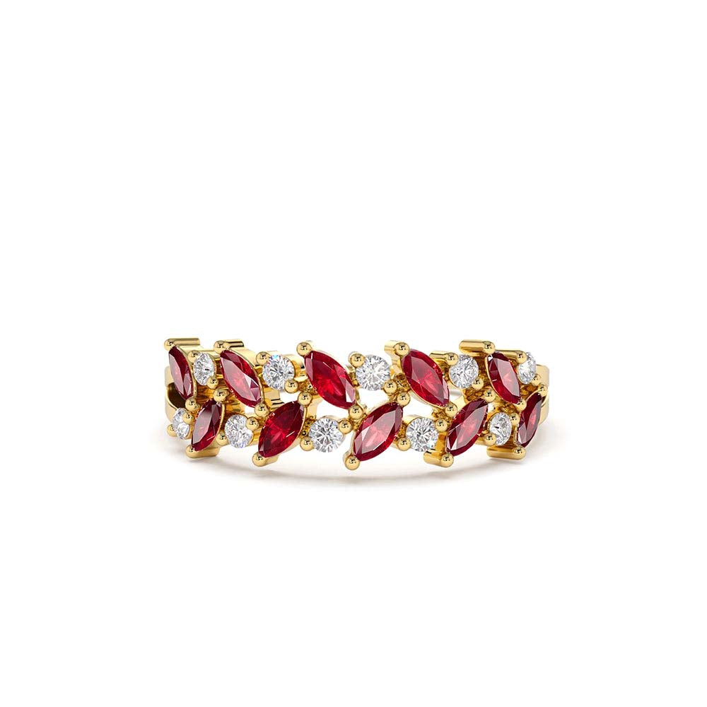 Two Rows Marquise Cut Natural Ruby and Diamond Ring in 14K Gold — view 1
