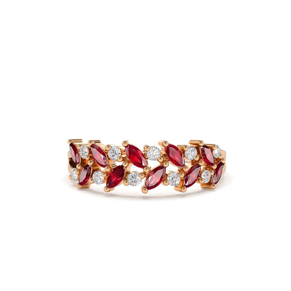 Two Rows Marquise Cut Natural Ruby and Diamond Ring in 14K Gold — view 5