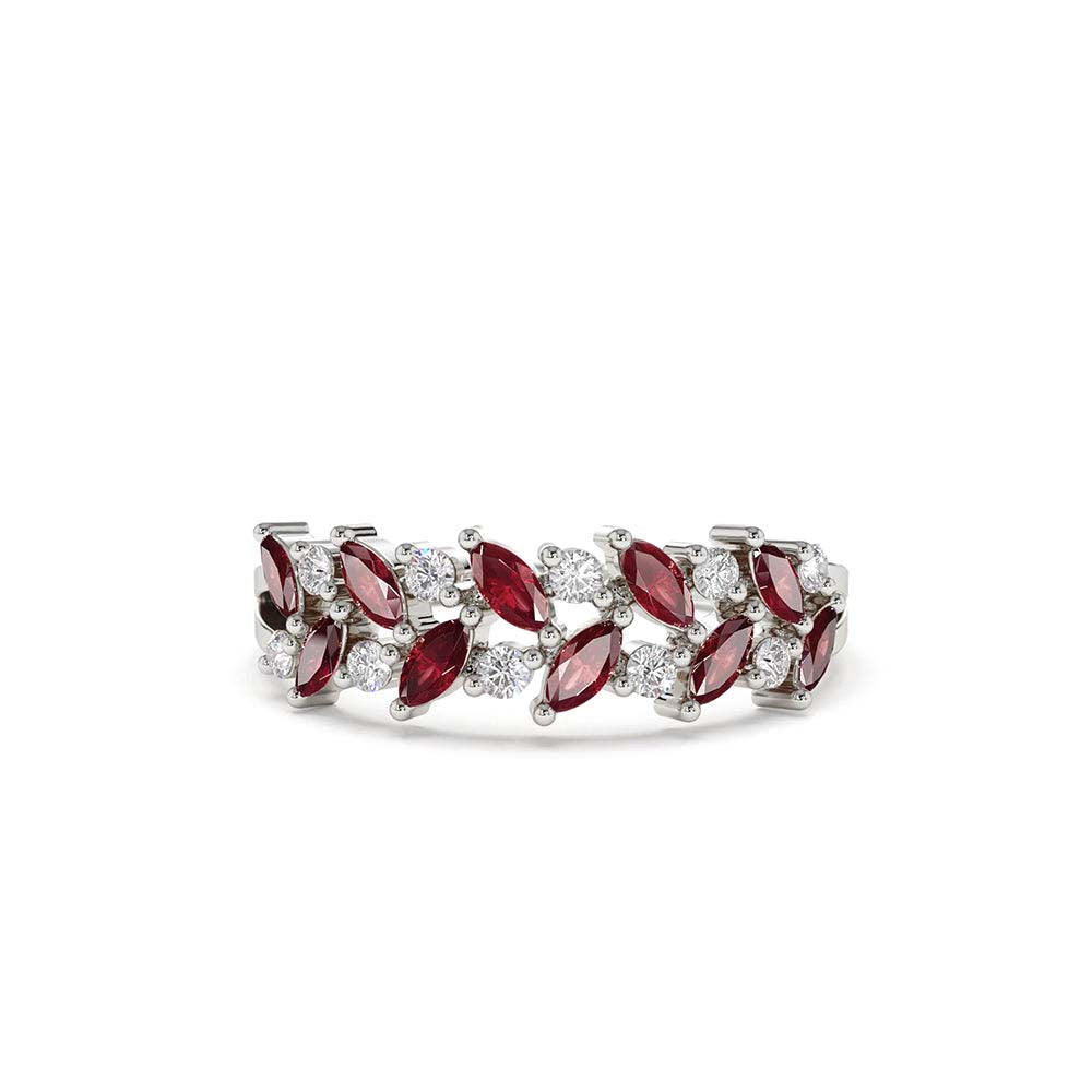 Two Rows Marquise Cut Natural Ruby and Diamond Ring in 14K Gold — view 4