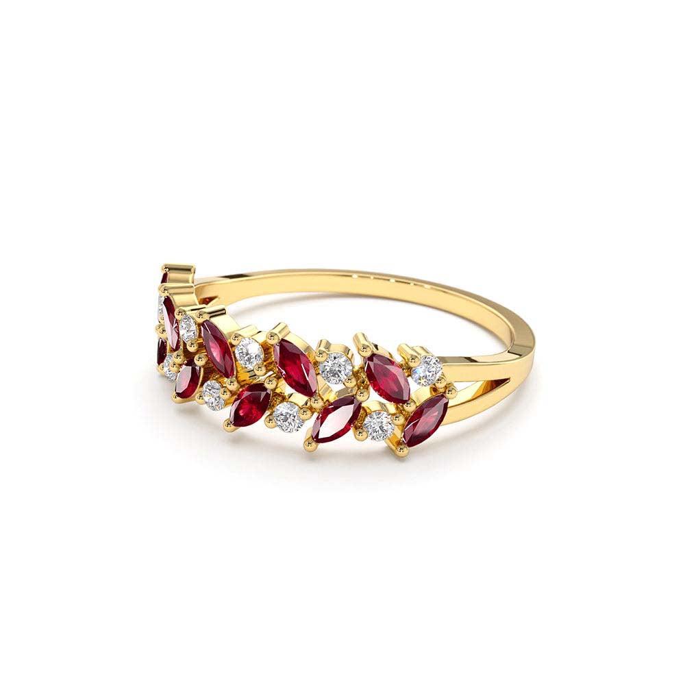 Two Rows Marquise Cut Natural Ruby and Diamond Ring in 14K Gold — view 2