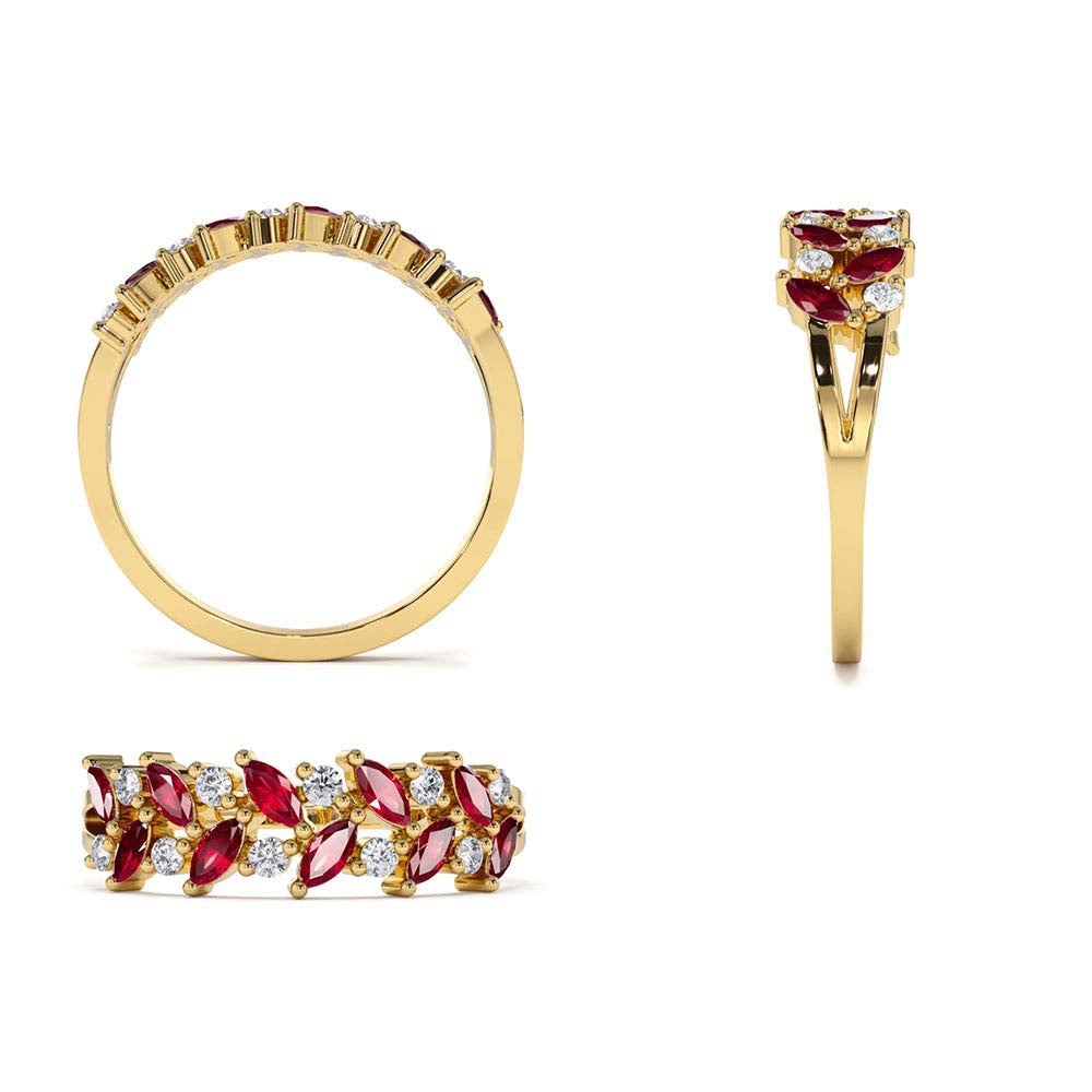 Two Rows Marquise Cut Natural Ruby and Diamond Ring in 14K Gold — view 3