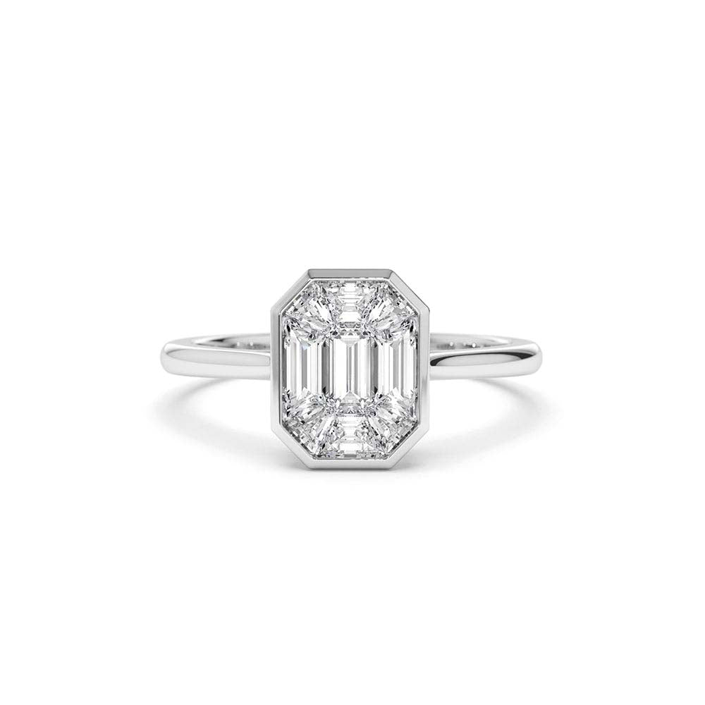 Emerald Cut Illusion Mosaic Solitaire Engagement Ring in 14K Gold — view 2