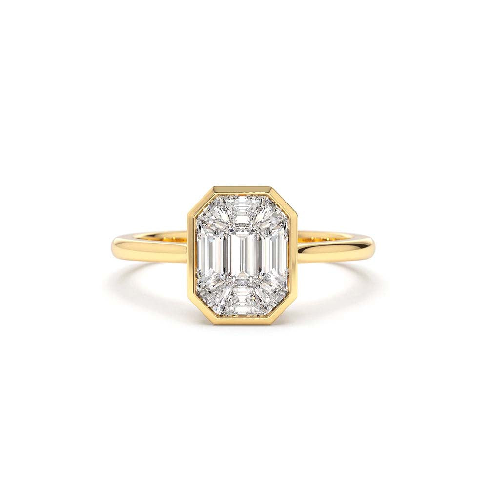 Emerald Cut Illusion Mosaic Solitaire Engagement Ring in 14K Gold — view 1