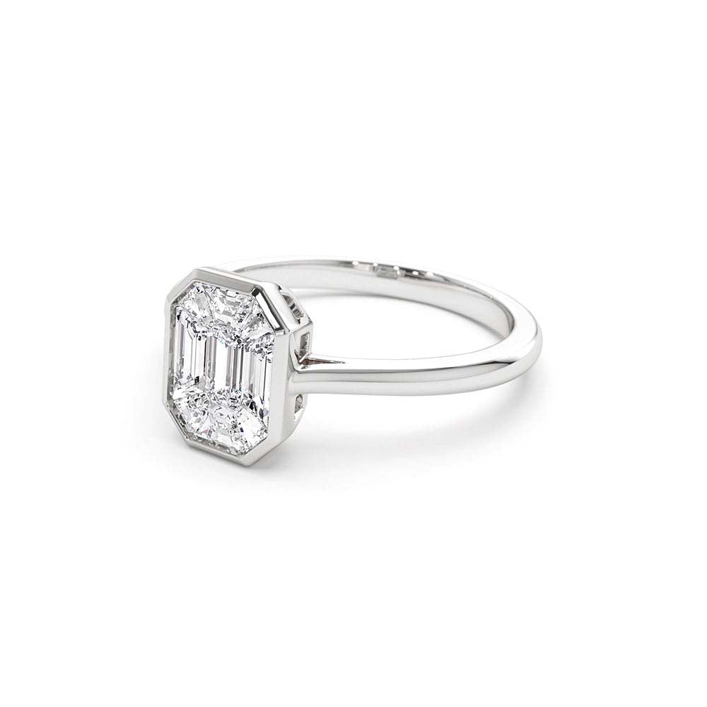 Emerald Cut Illusion Mosaic Solitaire Engagement Ring in 14K Gold — view 3