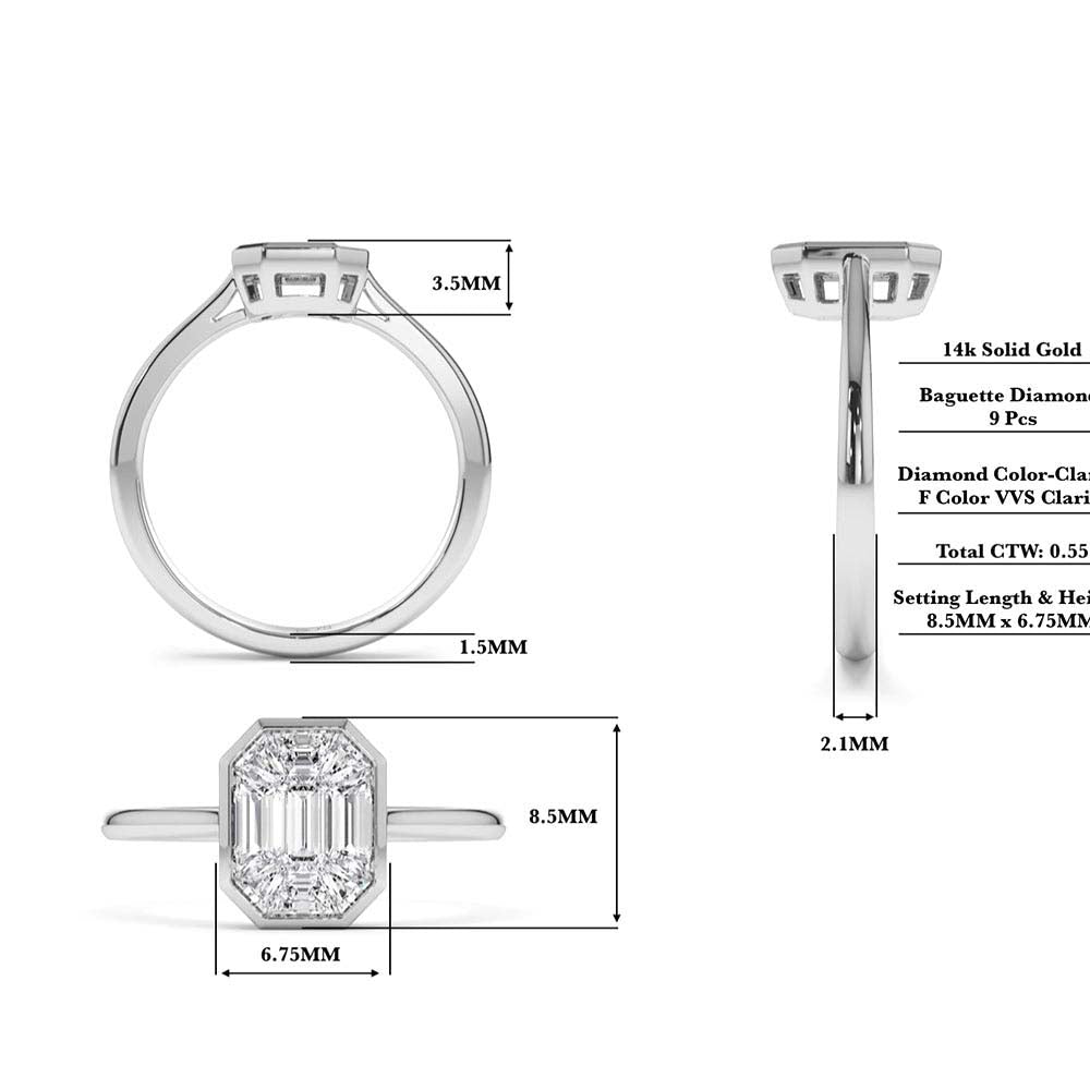 Emerald Cut Illusion Mosaic Solitaire Engagement Ring in 14K Gold — view 4