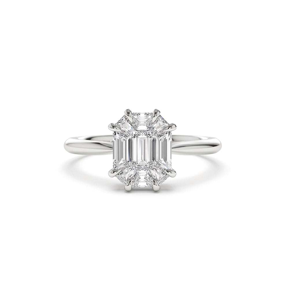 Double Claw Step Cut Illusion Solitaire Engagement Ring in 14K Gold — view 2