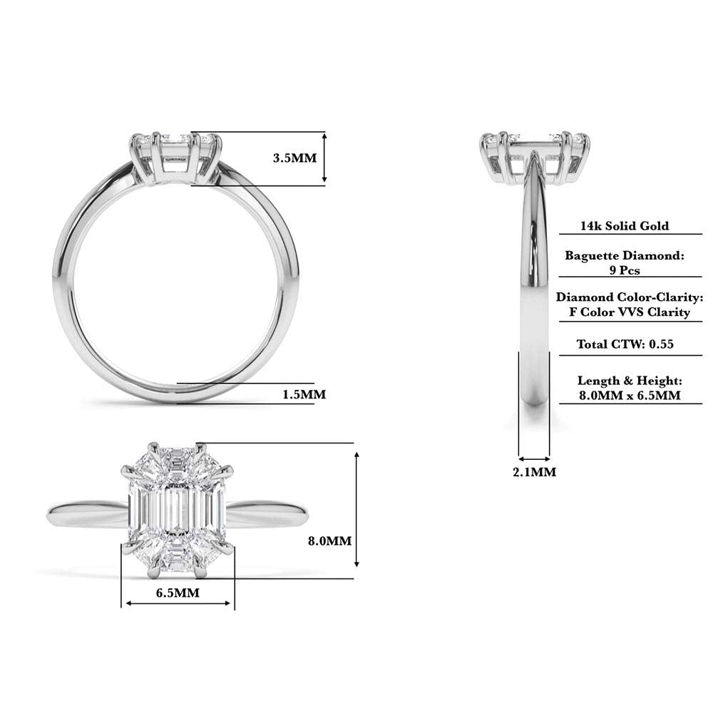 Double Claw Step Cut Illusion Solitaire Engagement Ring in 14K Gold — view 3