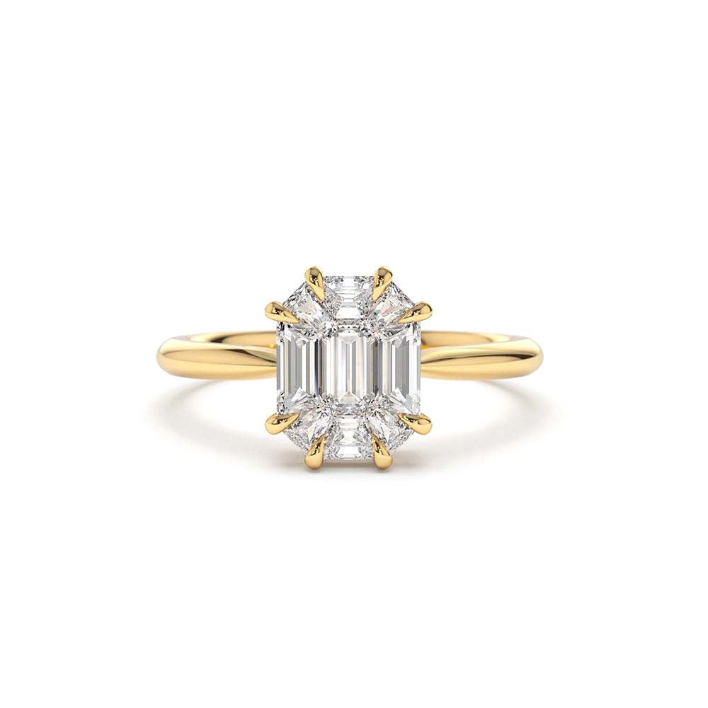 Double Claw Step Cut Illusion Solitaire Engagement Ring in 14K Gold — view 1