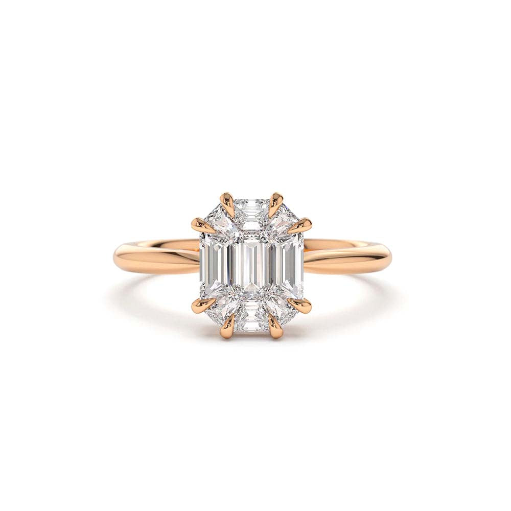 Double Claw Step Cut Illusion Solitaire Engagement Ring in 14K Gold — view 5