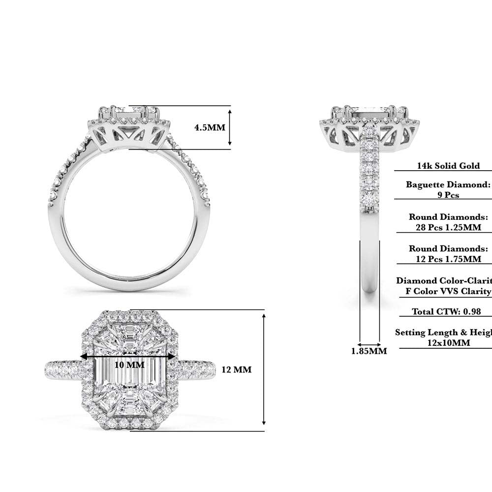 Emerald Cut Illusion Halo Setting Engagement Ring in 14K Gold — view 3