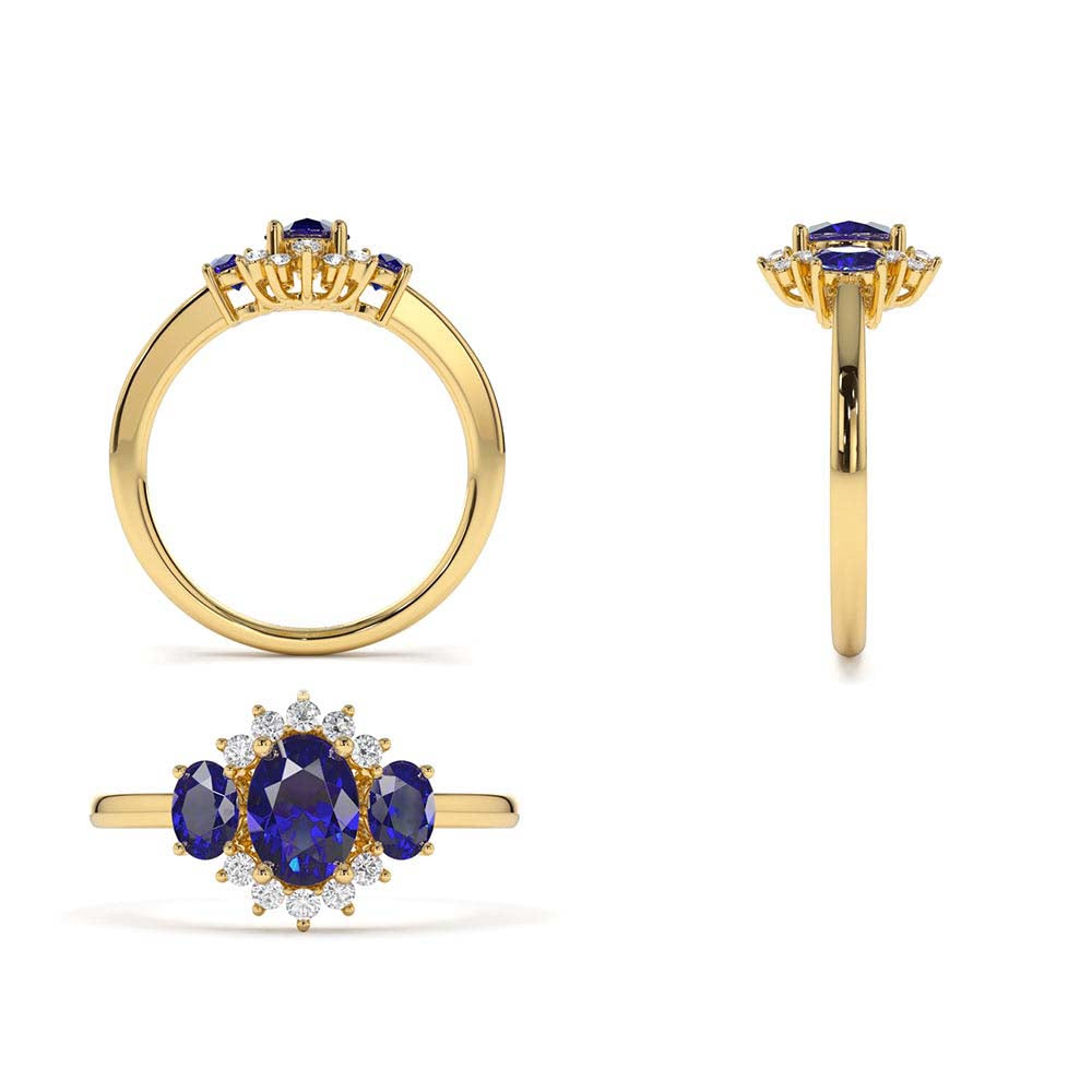 Three Stone Sapphire Cluster Ring in 14K Gold — view 3