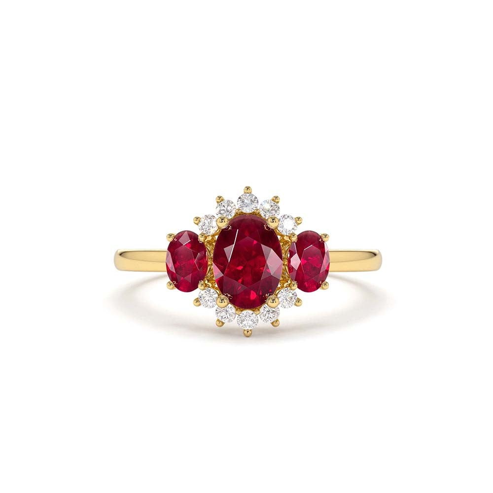 Three Stone Ruby Cluster Ring in 14K Gold — view 1