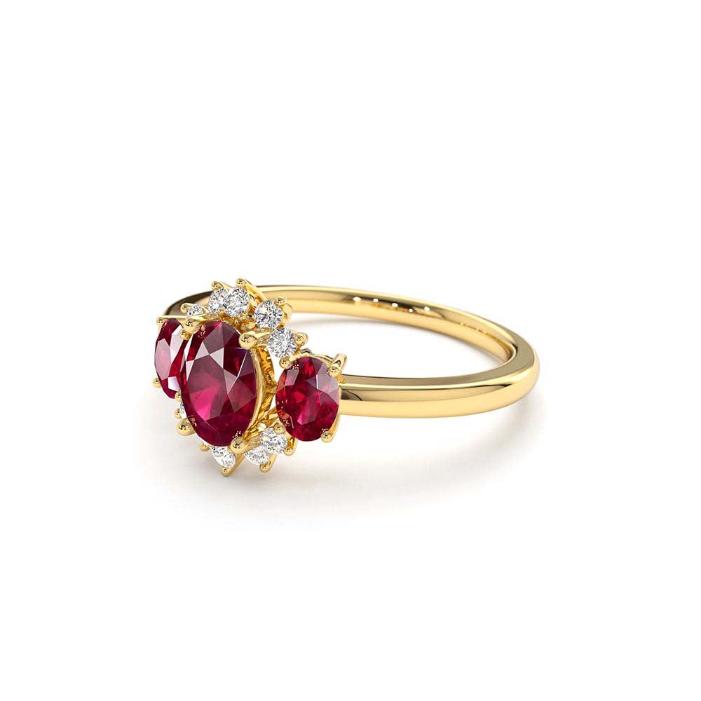 Three Stone Ruby Cluster Ring in 14K Gold — view 2