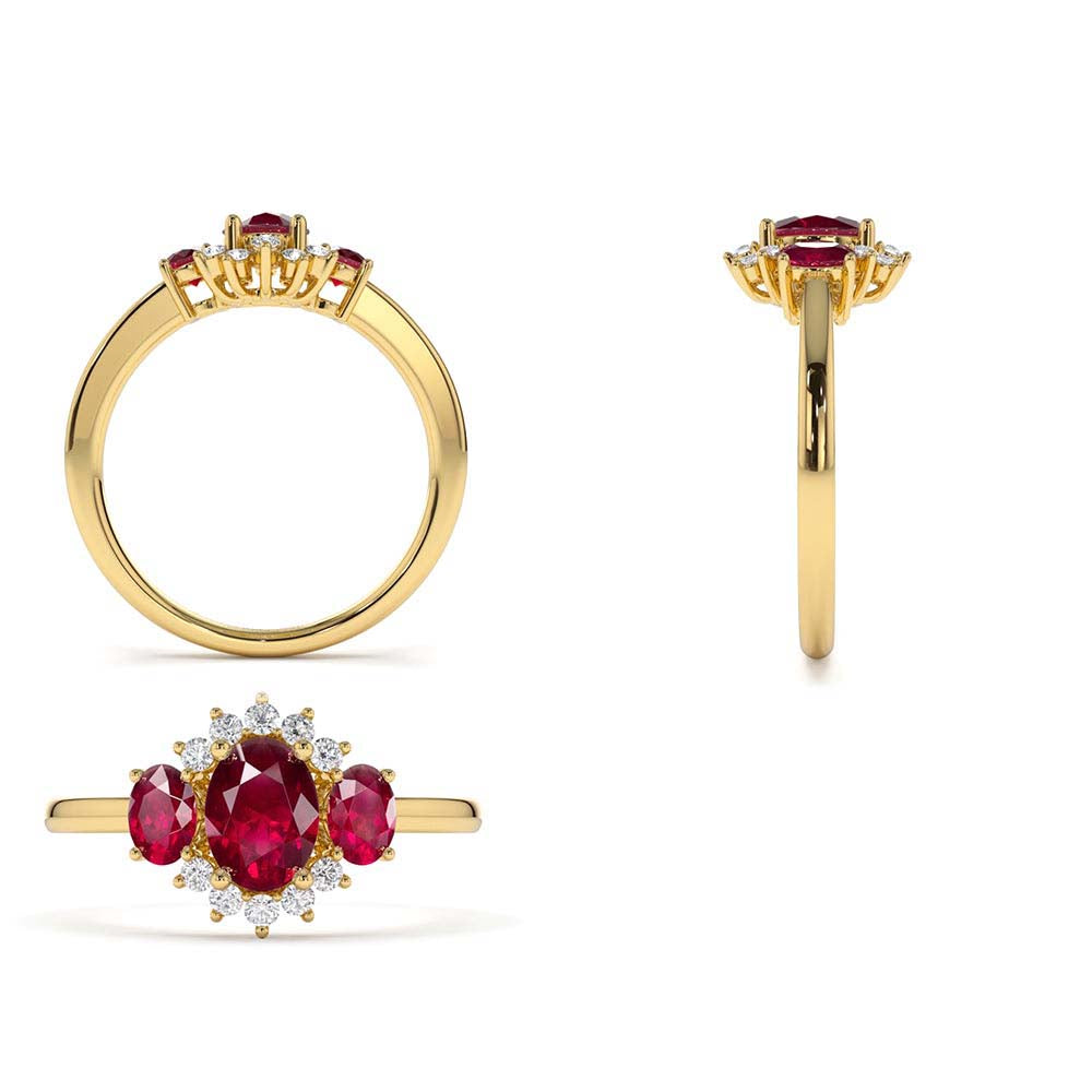 Three Stone Ruby Cluster Ring in 14K Gold — view 3