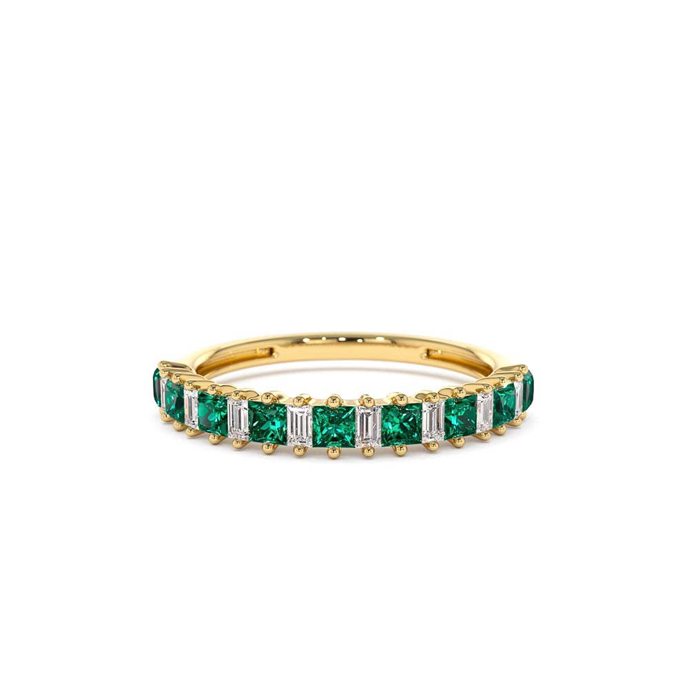 Unique Princess Cut Emerald and Baguette Diamond Ring in 14K Gold — view 1