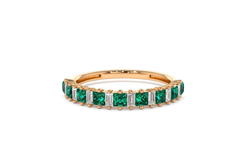 Unique Princess Cut Emerald and Baguette Diamond Ring in 14K Gold — view 10