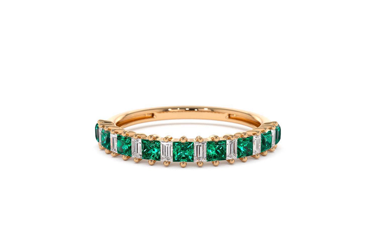 Unique Princess Cut Emerald and Baguette Diamond Ring in 14K Gold — view 10