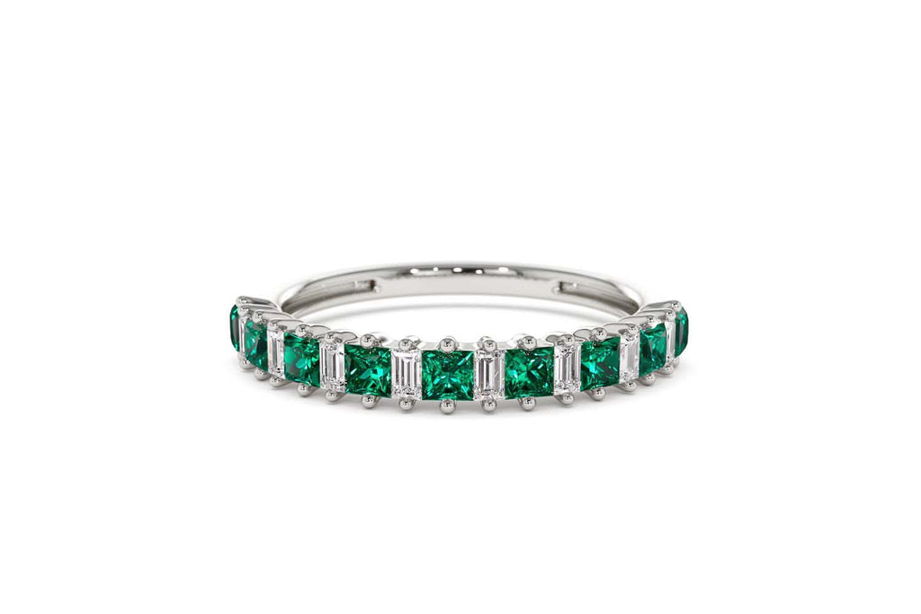 Unique Princess Cut Emerald and Baguette Diamond Ring in 14K Gold — view 8