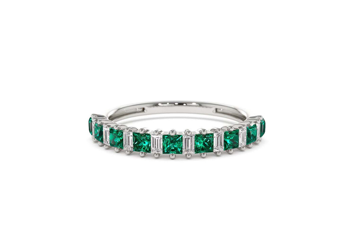 Unique Princess Cut Emerald and Baguette Diamond Ring in 14K Gold — view 8