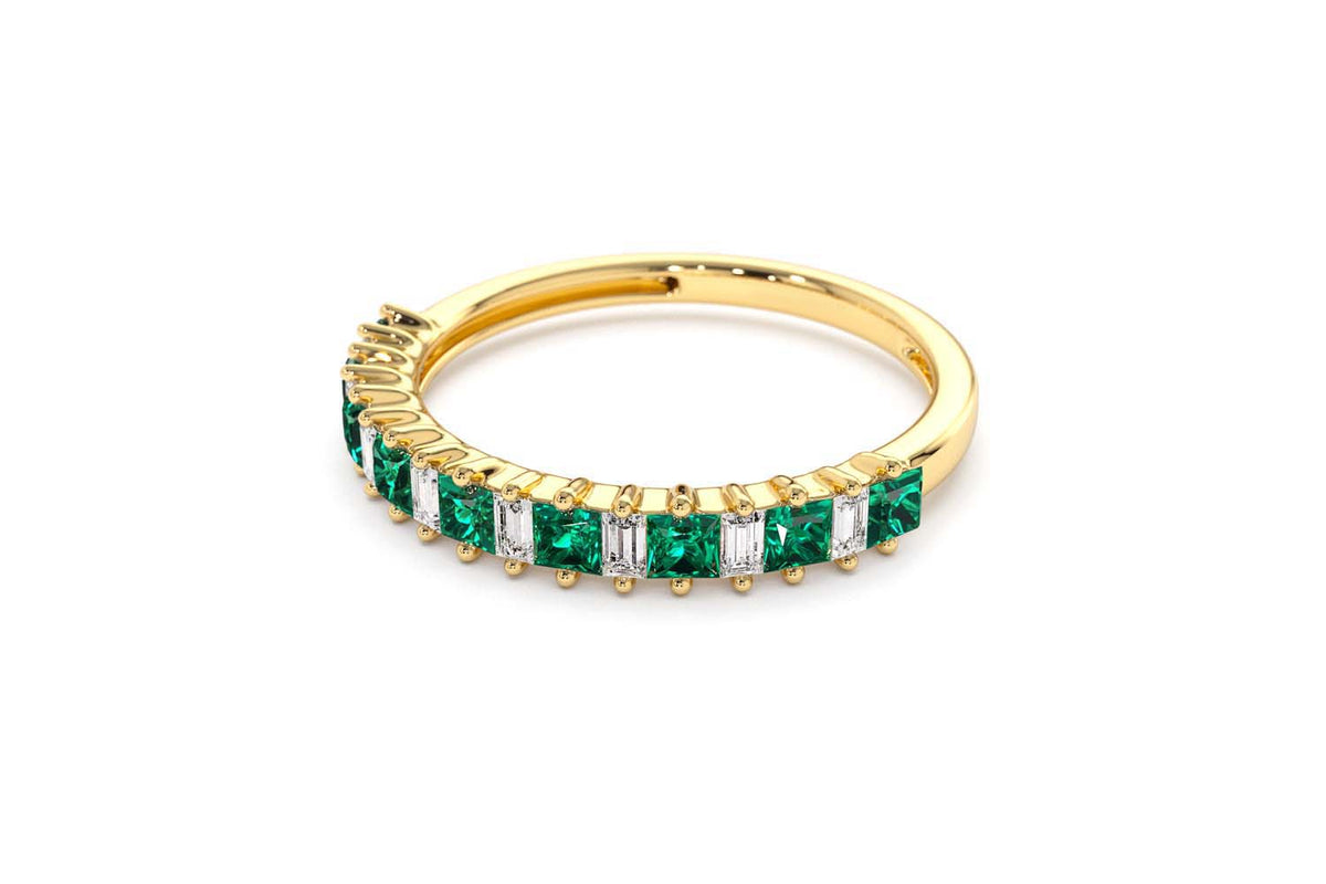 Unique Princess Cut Emerald and Baguette Diamond Ring in 14K Gold — view 5