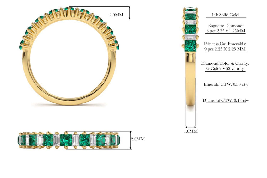 Unique Princess Cut Emerald and Baguette Diamond Ring in 14K Gold — view 6