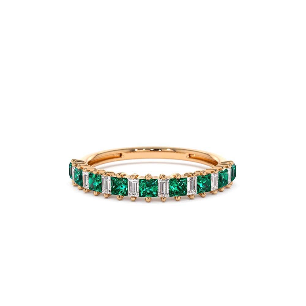 Unique Princess Cut Emerald and Baguette Diamond Ring in 14K Gold — view 9