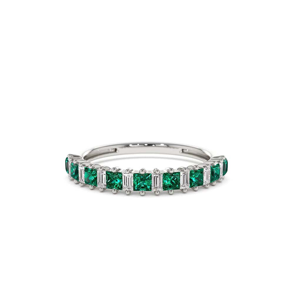 Unique Princess Cut Emerald and Baguette Diamond Ring in 14K Gold — view 7