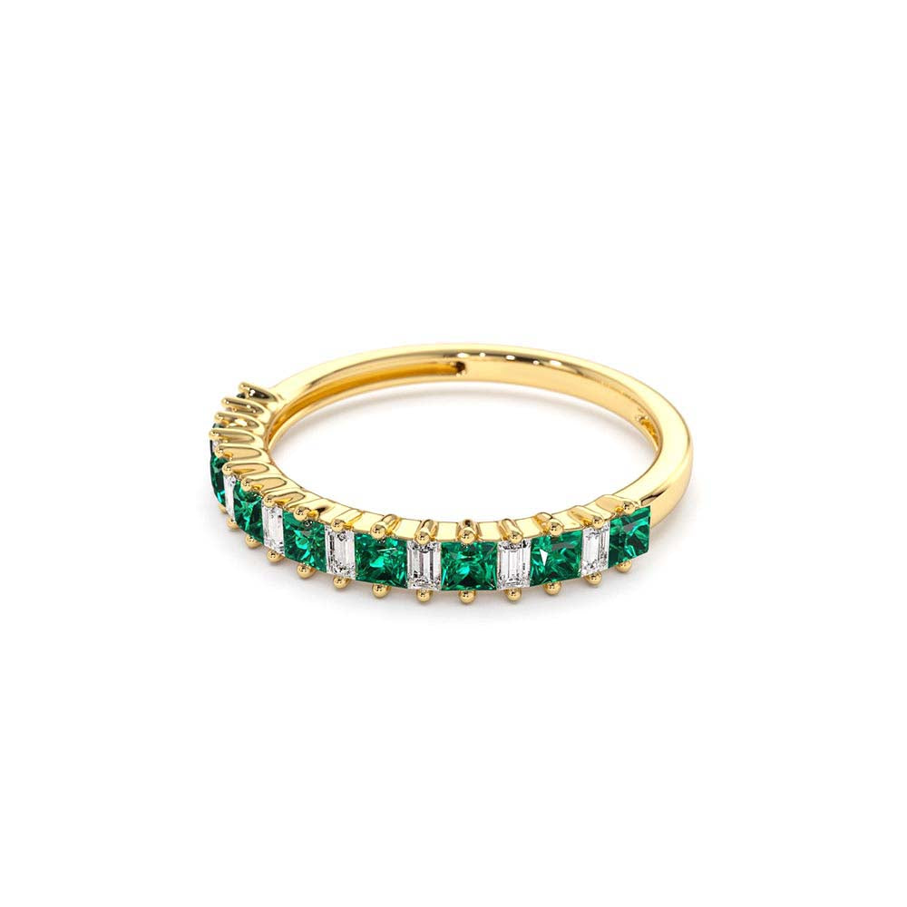 Unique Princess Cut Emerald and Baguette Diamond Ring in 14K Gold — view 2