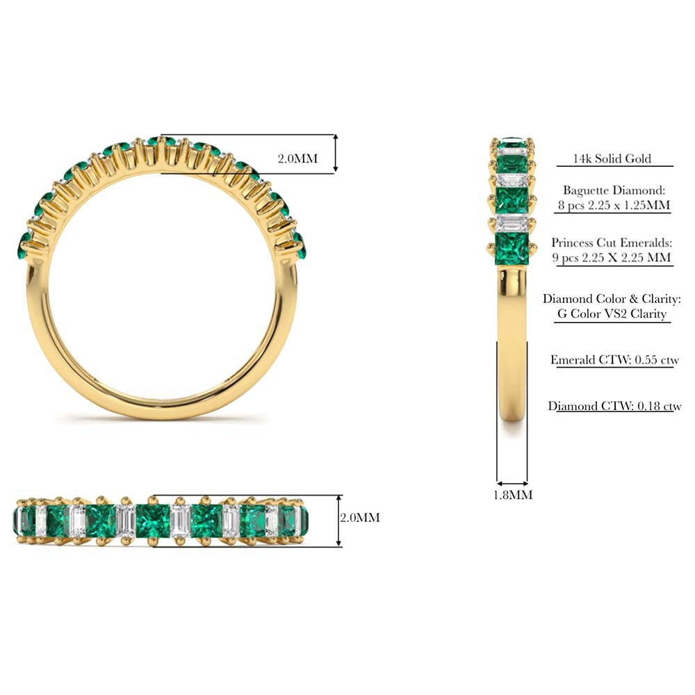 Unique Princess Cut Emerald and Baguette Diamond Ring in 14K Gold — view 3
