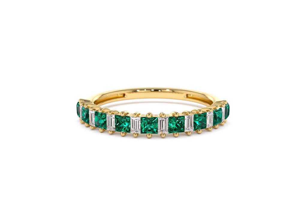 Unique Princess Cut Emerald and Baguette Diamond Ring in 14K Gold — view 4