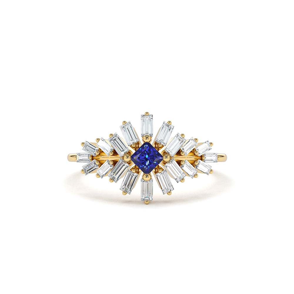 Baguette Diamond Ring with Square Sapphire in 14K Gold — view 1