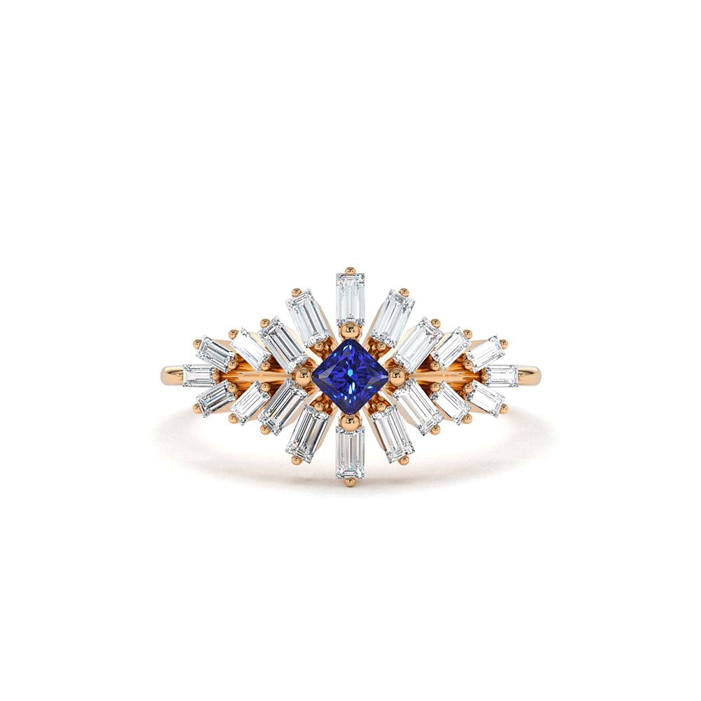 Baguette Diamond Ring with Square Sapphire in 14K Gold — view 5