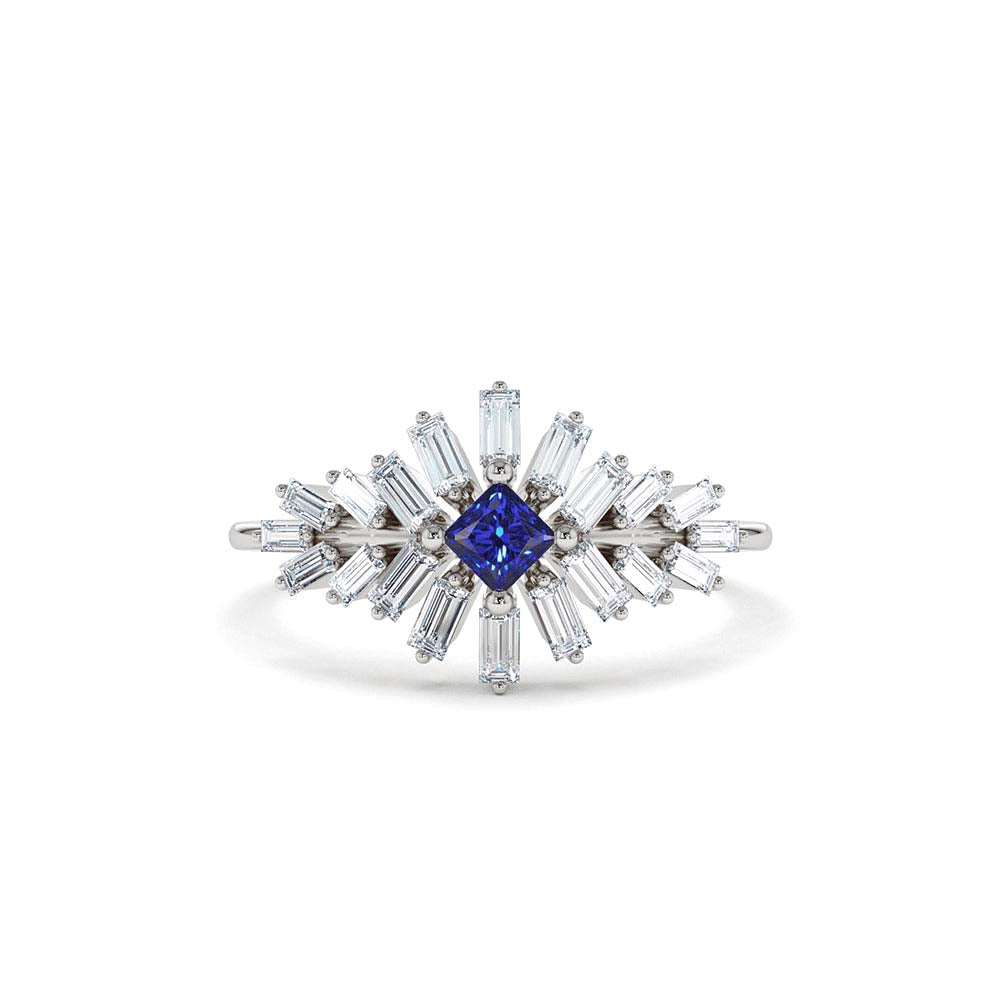 Baguette Diamond Ring with Square Sapphire in 14K Gold — view 4