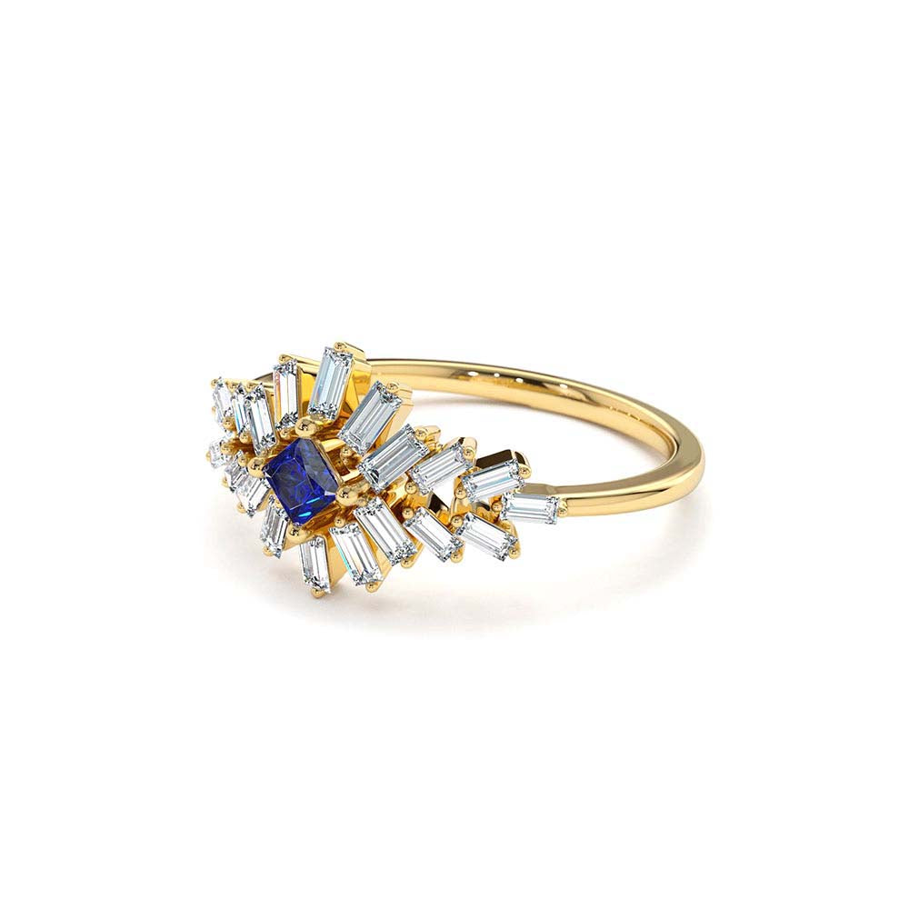 Baguette Diamond Ring with Square Sapphire in 14K Gold — view 2