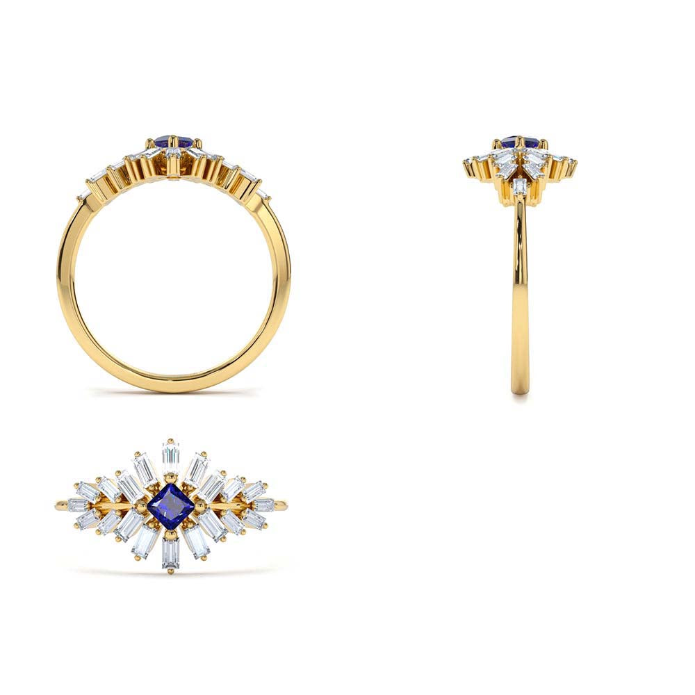 Baguette Diamond Ring with Square Sapphire in 14K Gold — view 3
