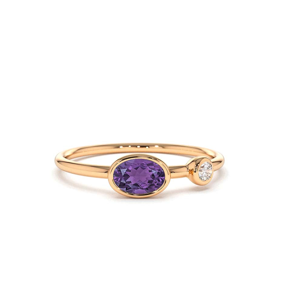 Oval Shape Amethyst and Diamond Ring in 14K Gold — view 4