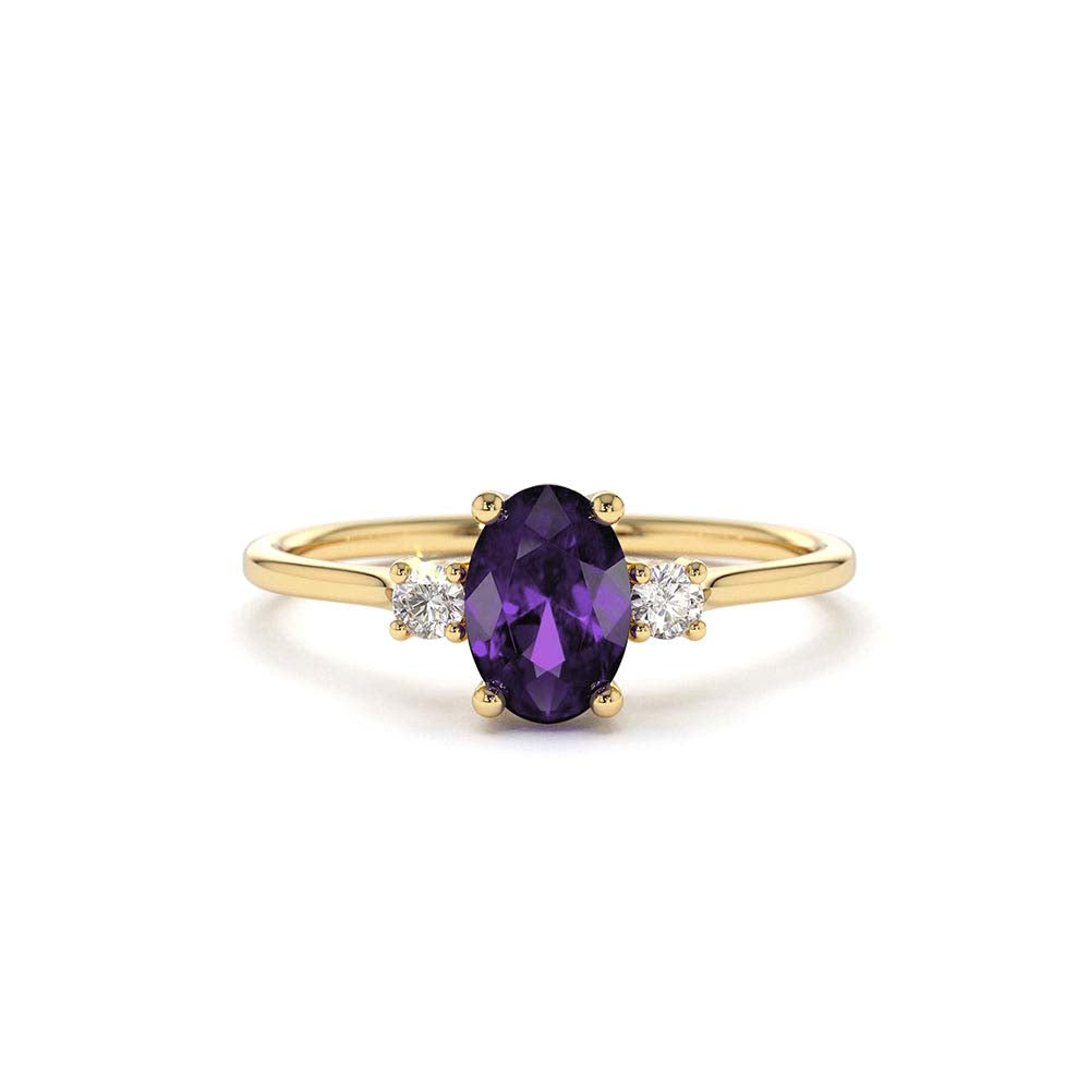 Oval Shape Amethyst and Diamond 3 Stone Ring in 14K Gold — view 1