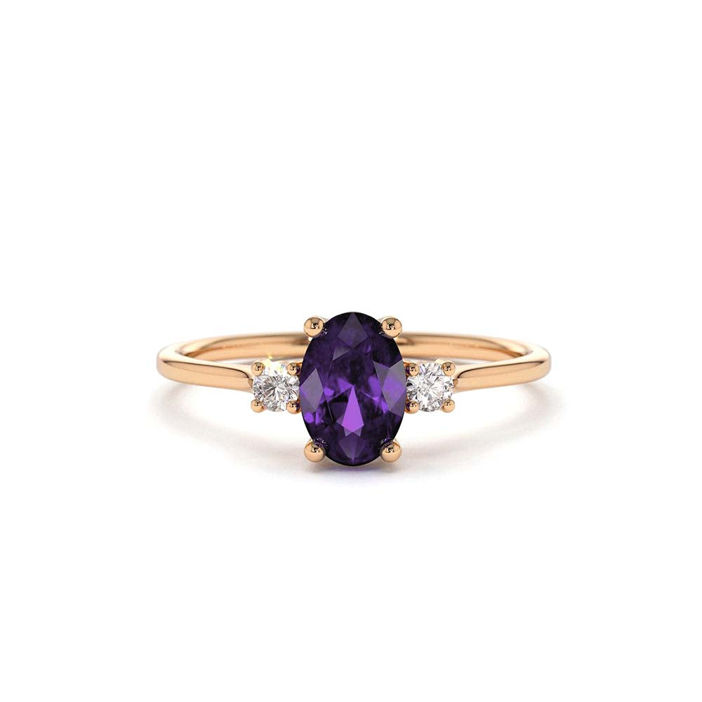Oval Shape Amethyst and Diamond 3 Stone Ring in 14K Gold — view 4