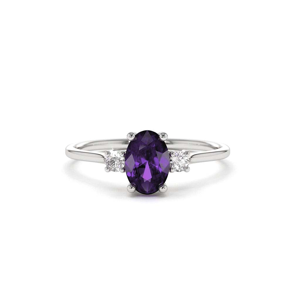 Oval Shape Amethyst and Diamond 3 Stone Ring in 14K Gold — view 3