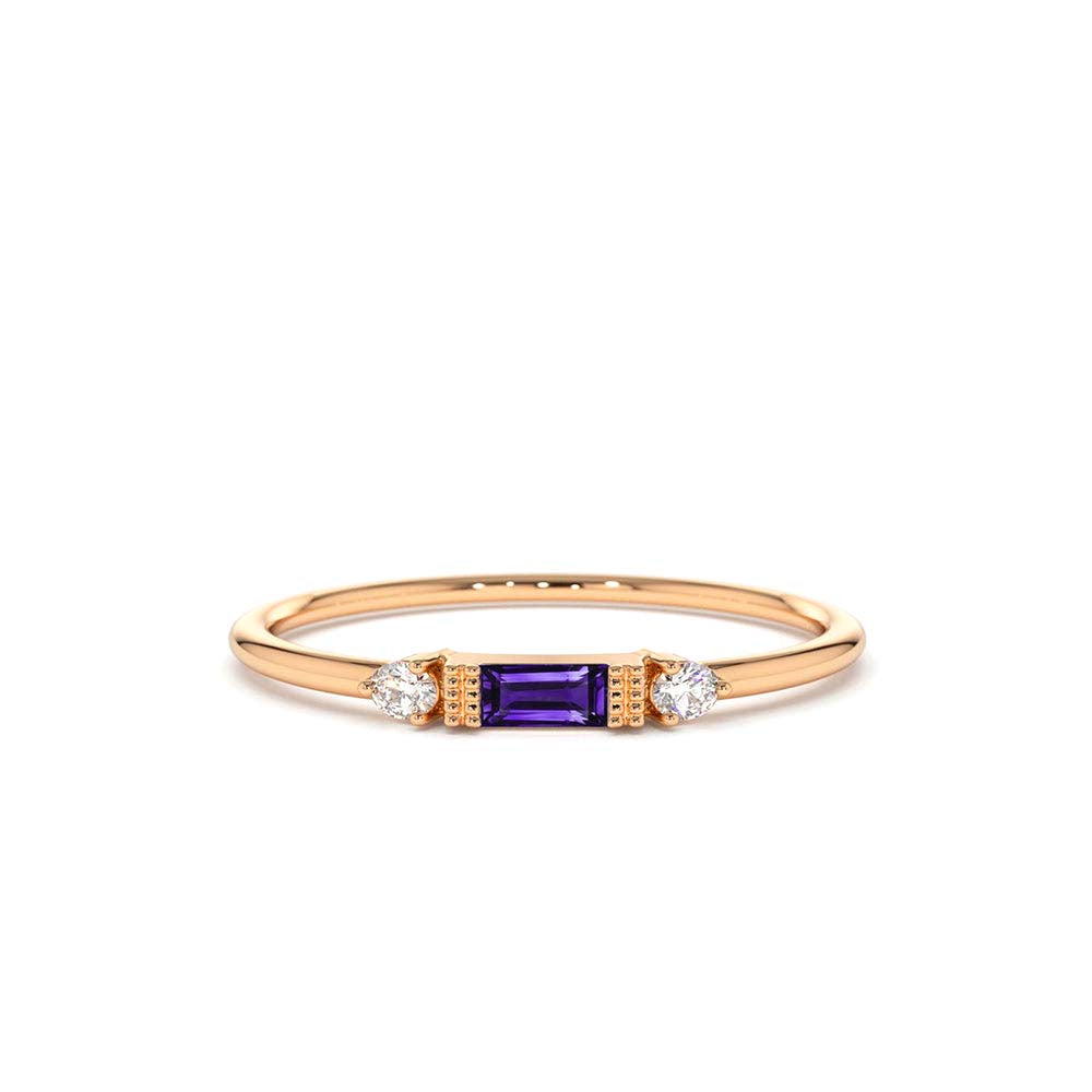 Baguette Amethyst With Diamond Ring in 14K Gold — view 3